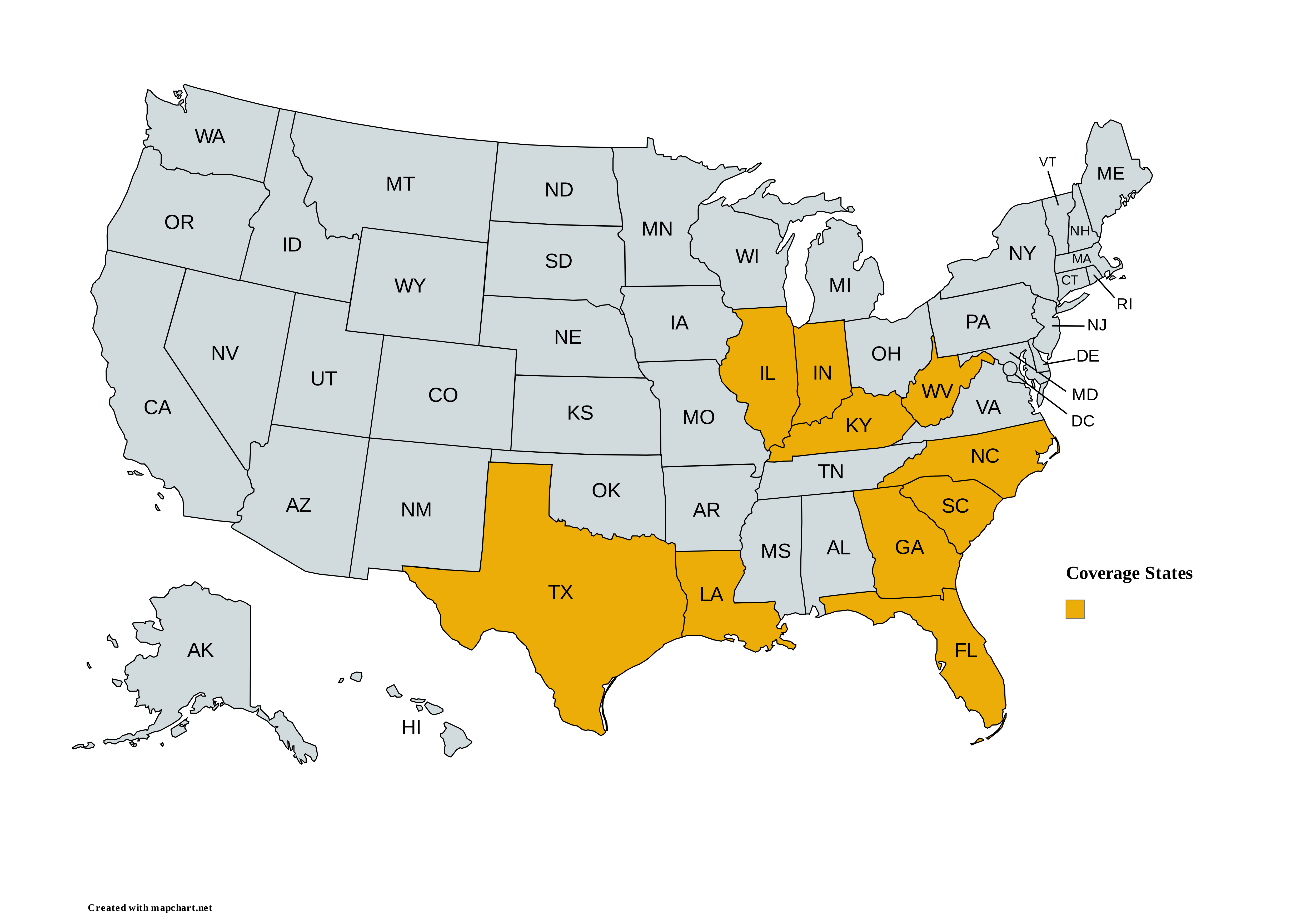 Map showing states where Withrow Financial provides services